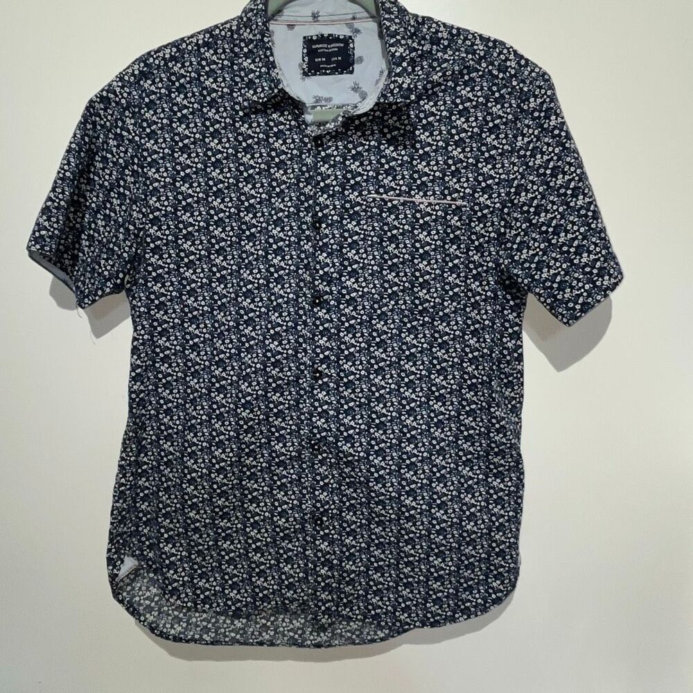 Sunrise Kingdom Mens Blue White Ditsy Floral Short Sleeve Button Up Shirt Medium